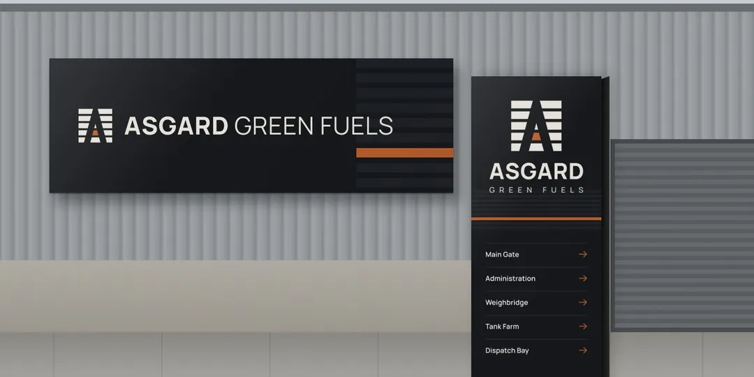 Route two: a facade board and an entrance sign at a plant
