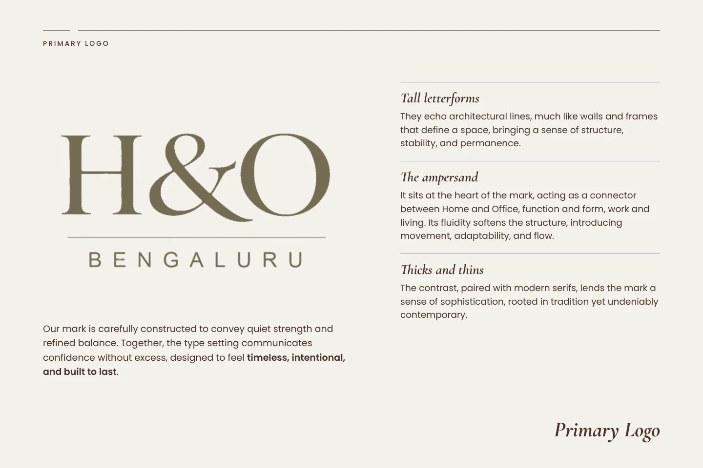 The H&O Bengaluru logo in olive on cream, with notes on its tall letterforms, its ampersand and its contrast