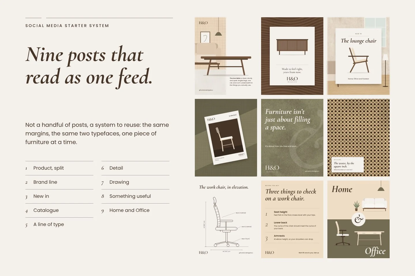Nine post templates in a grid, in olive, cream, brown and beige