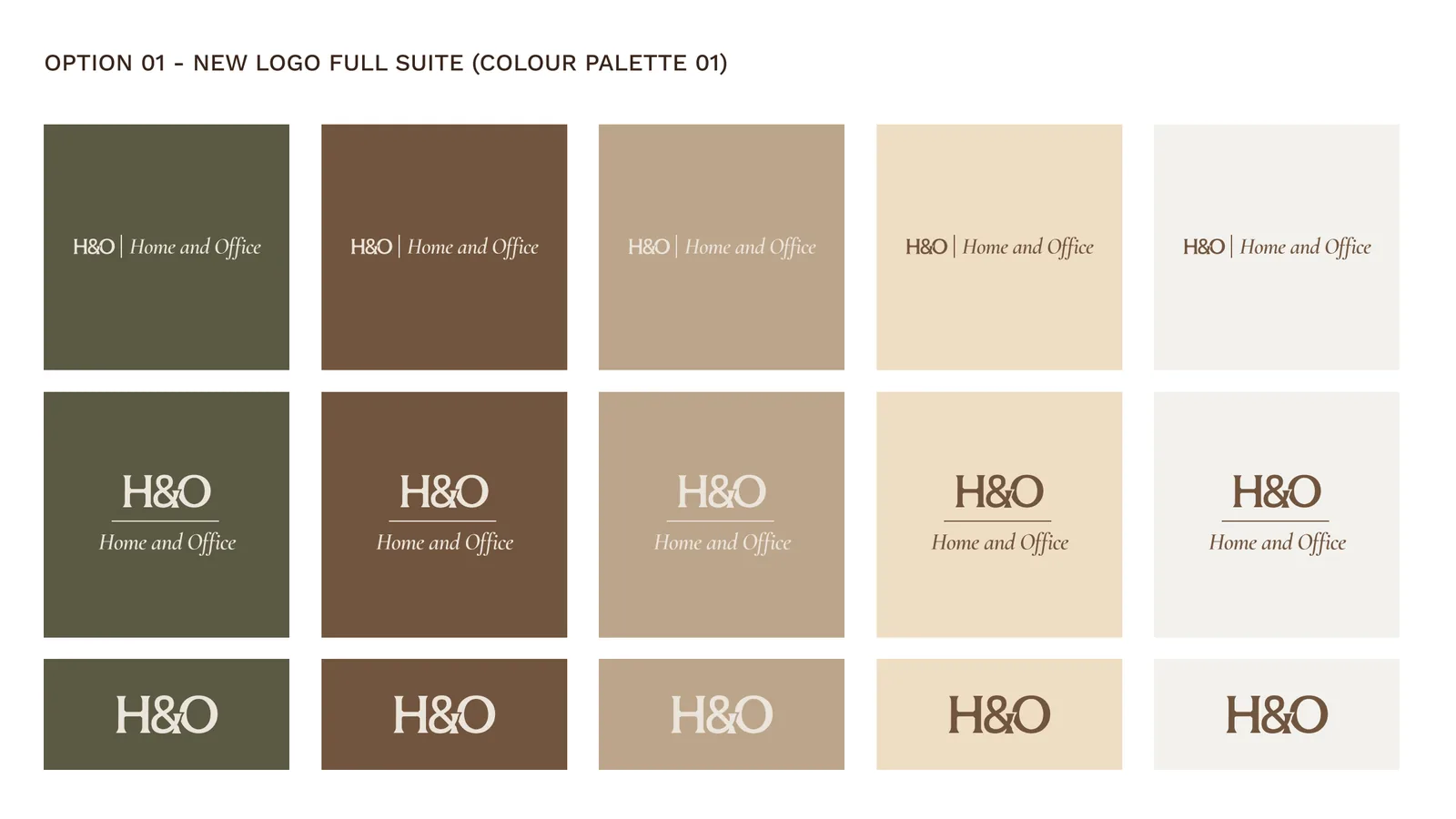 A logo suite explored across an olive and brown palette