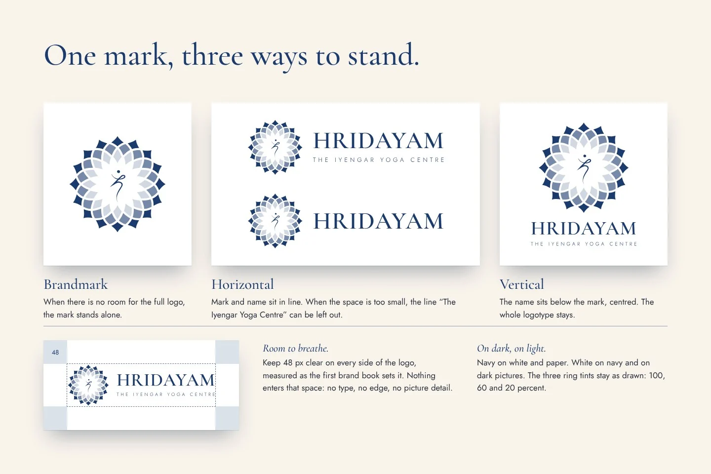 The brand book page of logo configurations: brandmark, horizontal and vertical