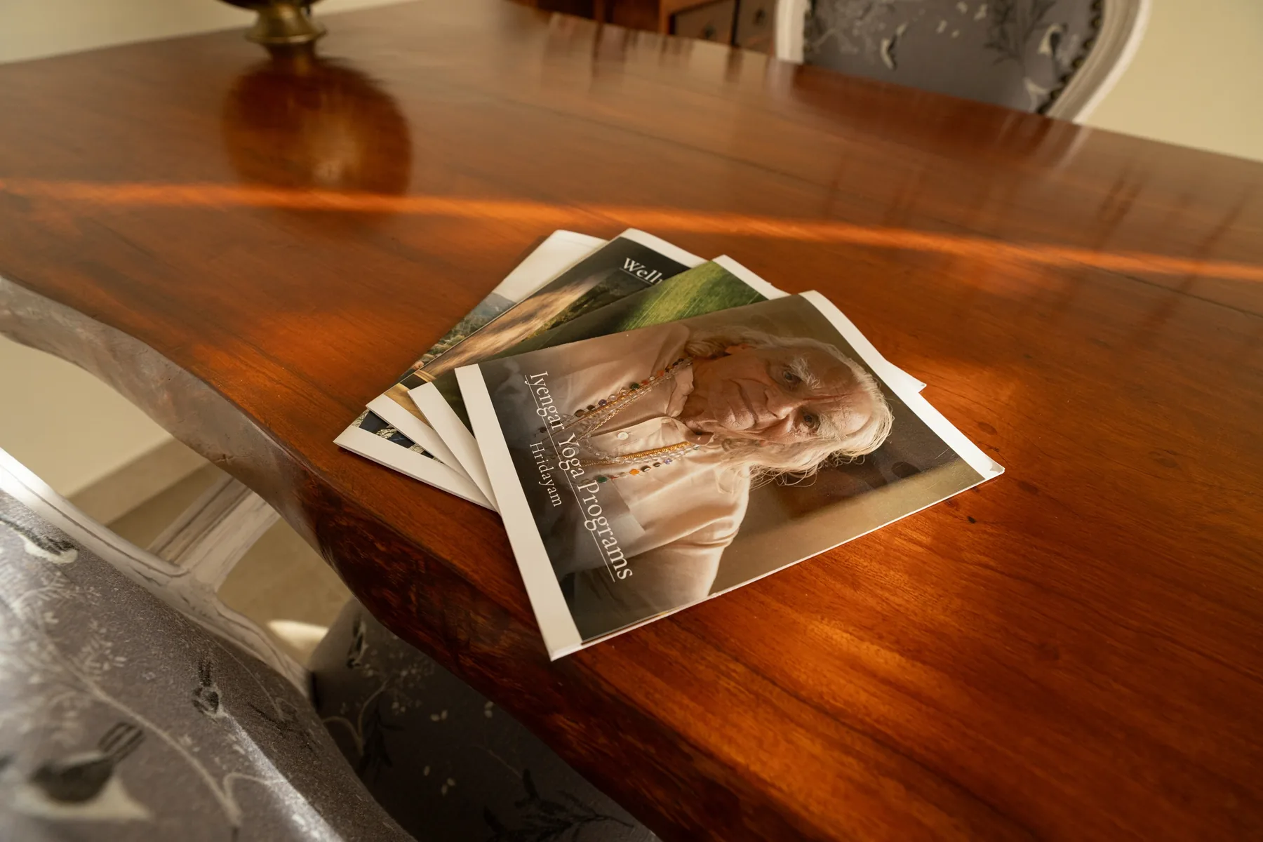 The printed programme brochures fanned out on a wooden table, Iyengar Yoga Programs on top