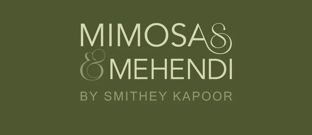 The wordmark: MIMOSAS & MEHENDI in a light sans, with a swash ampersand, and BY SMITHEY KAPOOR beneath