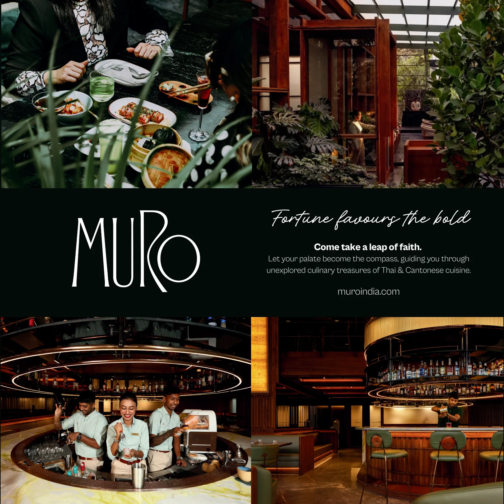 A Muro print advertisement: the wordmark between photographs of the food and the bar